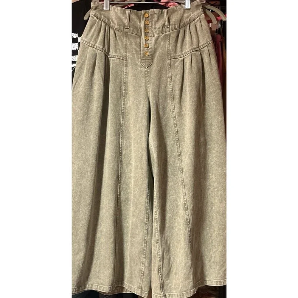 Fantastic Fawn jeans wide leg pants OLIVE green denim pockets pleated dress pant